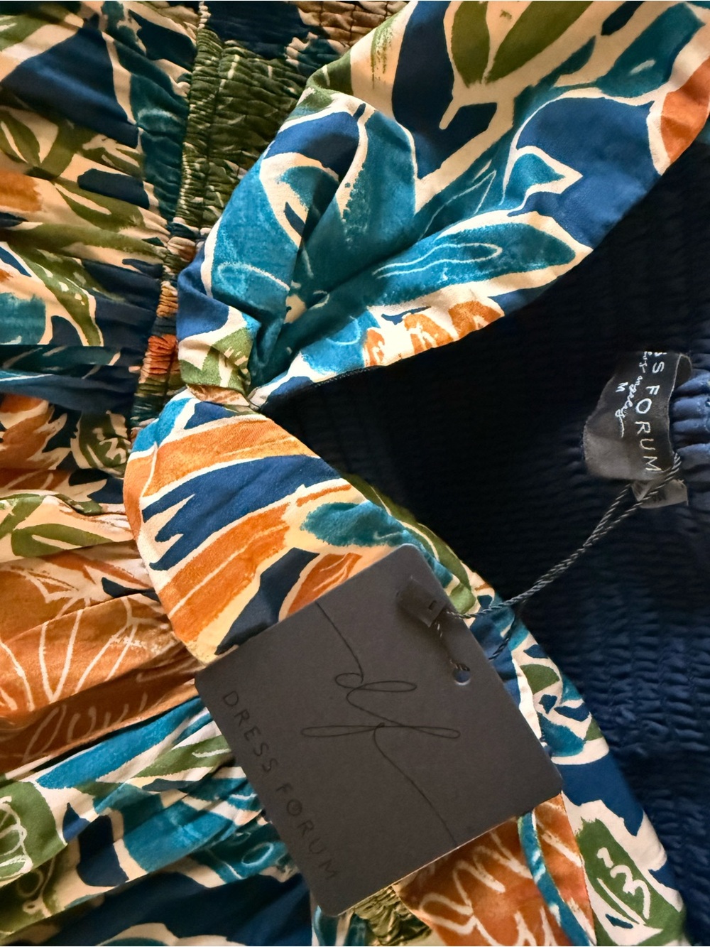 Dress Forum Navy Blue Tropical Midi Dress with Green Leaf Print - Picture 7 of 7